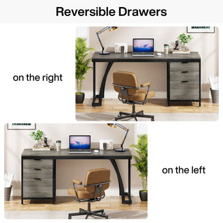 Industrial Computer Desk, 59" Study Desk with Reversible Drawer Cabinet