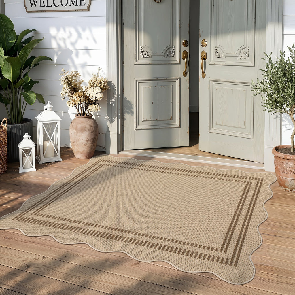 2x6/3x5/5x7 Scalloped Easy Jute Area Rugs, Tan/Checkered Washable Hallway Runner Non Slip Carpet, Oeko-Tex Certified