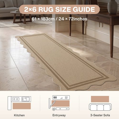 2x6/3x5/5x7 Scalloped Easy Jute Area Rugs, Tan/Checkered Washable Hallway Runner Non Slip Carpet, Oeko-Tex Certified