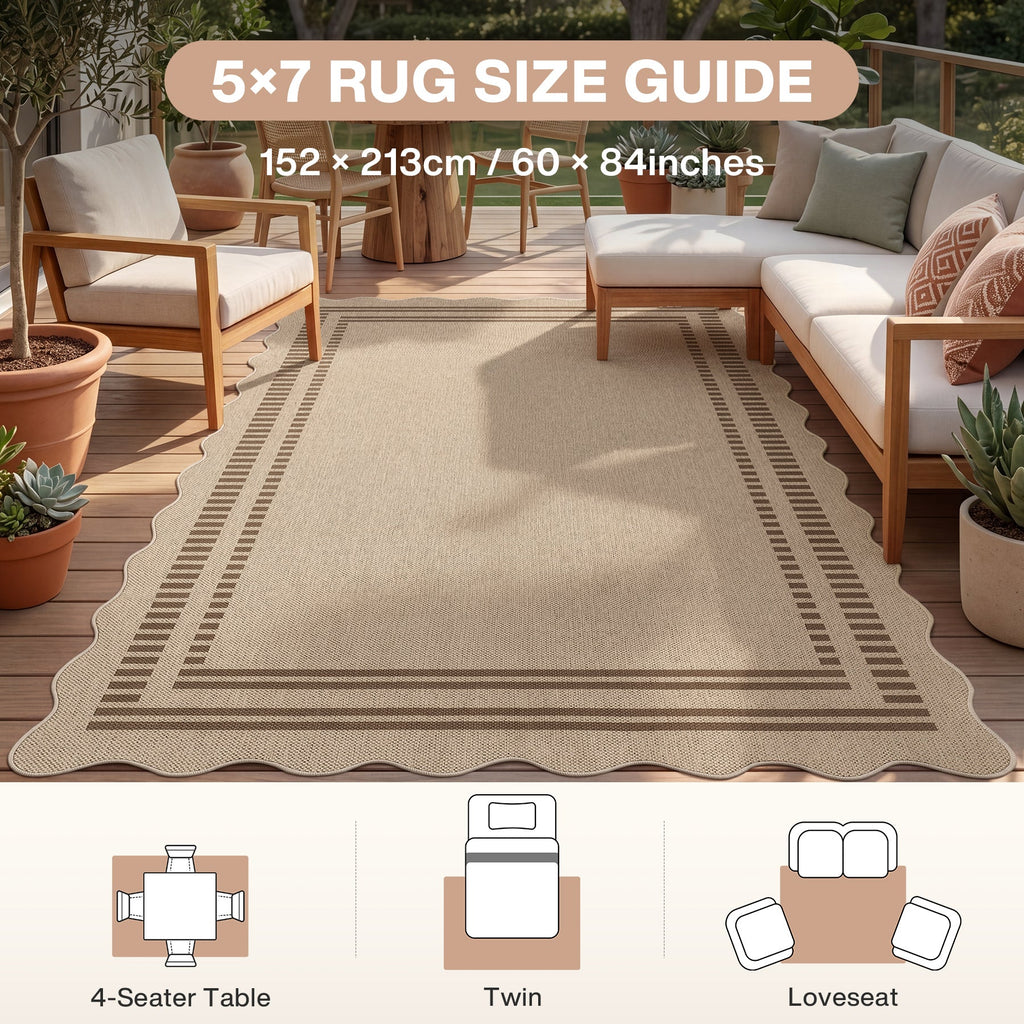2x6/3x5/5x7 Scalloped Easy Jute Area Rugs, Tan/Checkered Washable Hallway Runner Non Slip Carpet, Oeko-Tex Certified
