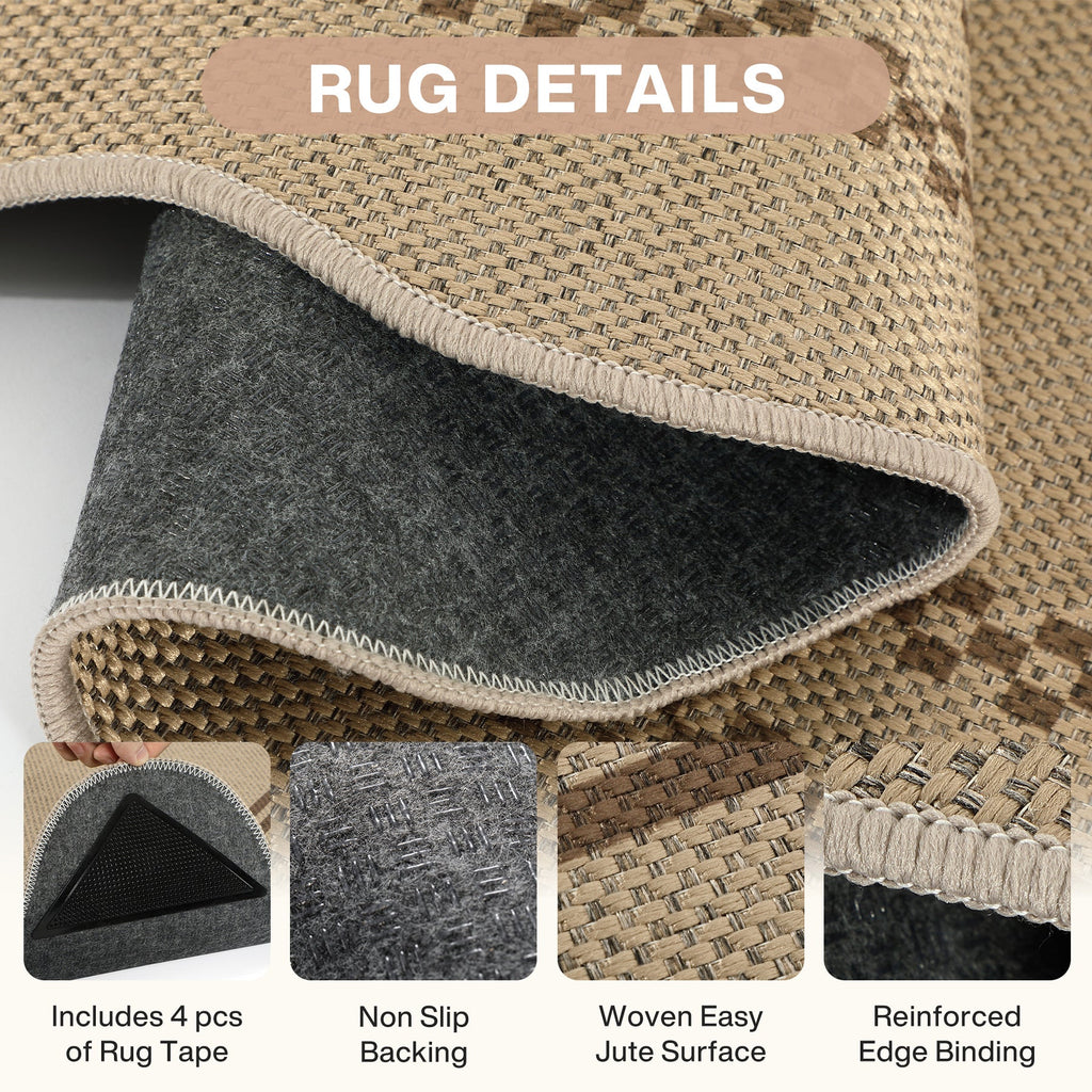 2x6/3x5/5x7 Scalloped Easy Jute Area Rugs, Tan/Checkered Washable Hallway Runner Non Slip Carpet, Oeko-Tex Certified