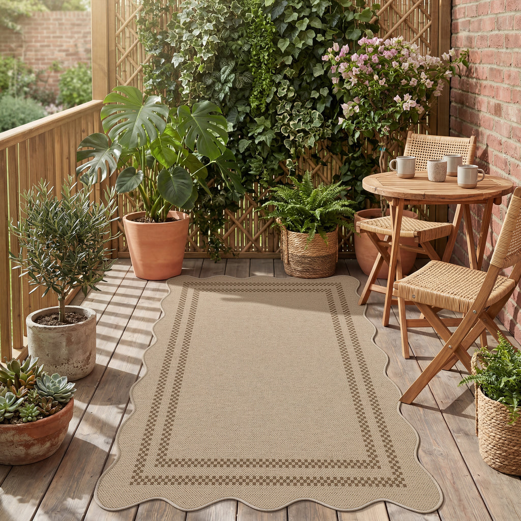 2x6/3x5/5x7 Scalloped Easy Jute Area Rugs, Tan/Checkered Washable Hallway Runner Non Slip Carpet, Oeko-Tex Certified