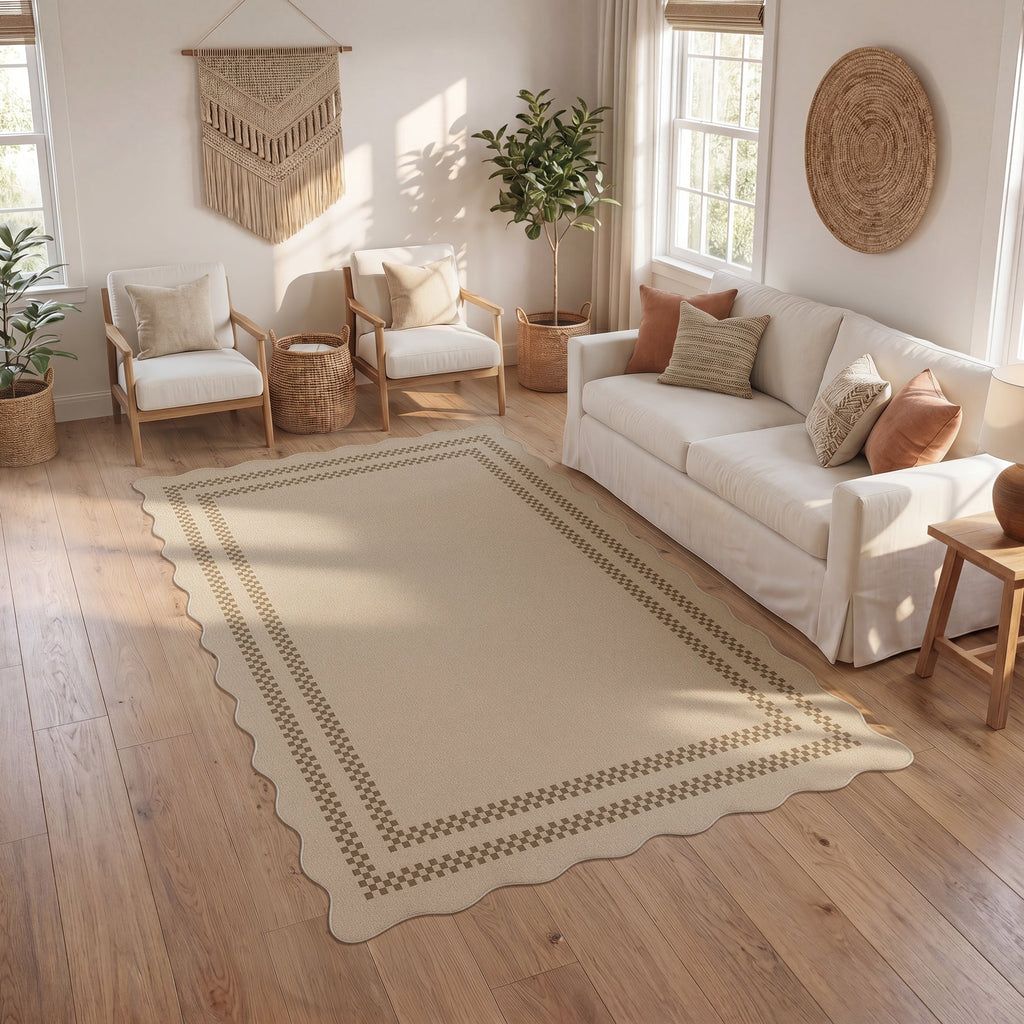 2x6/3x5/5x7 Scalloped Easy Jute Area Rugs, Tan/Checkered Washable Hallway Runner Non Slip Carpet, Oeko-Tex Certified