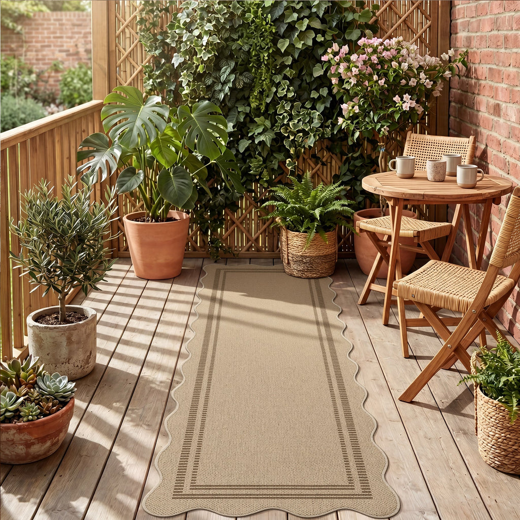 2x6/3x5/5x7 Scalloped Easy Jute Area Rugs, Tan/Checkered Washable Hallway Runner Non Slip Carpet, Oeko-Tex Certified