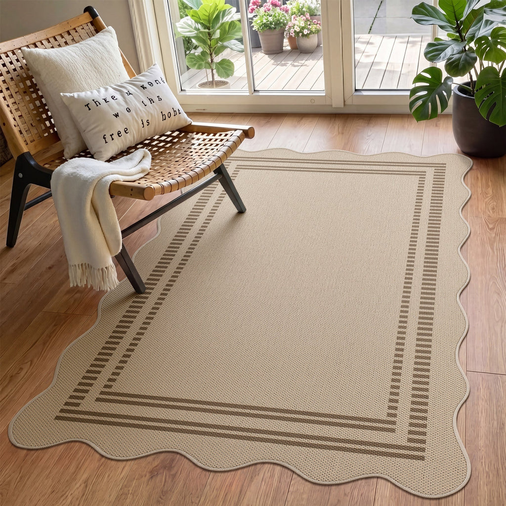 2x6/3x5/5x7 Scalloped Easy Jute Area Rugs, Tan/Checkered Washable Hallway Runner Non Slip Carpet, Oeko-Tex Certified