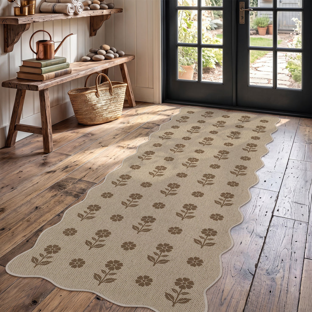 2x6/3x5 Floral Easy Jute Hallway Runner Rug, Scalloped Kitchen Runner Rug Non Skid Washable Indoor Carpet, Oeko-Tex Certified