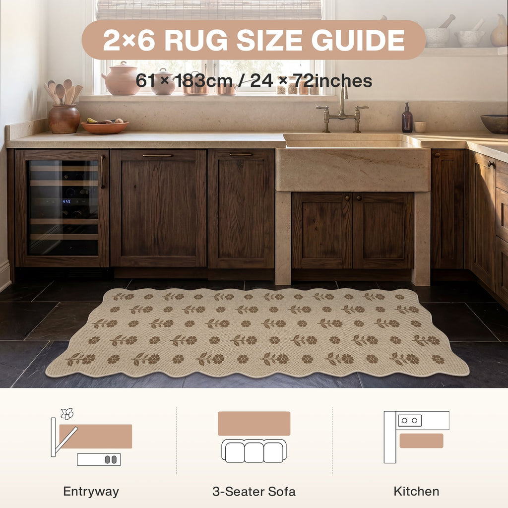 2x6/3x5 Floral Easy Jute Hallway Runner Rug, Scalloped Kitchen Runner Rug Non Skid Washable Indoor Carpet, Oeko-Tex Certified