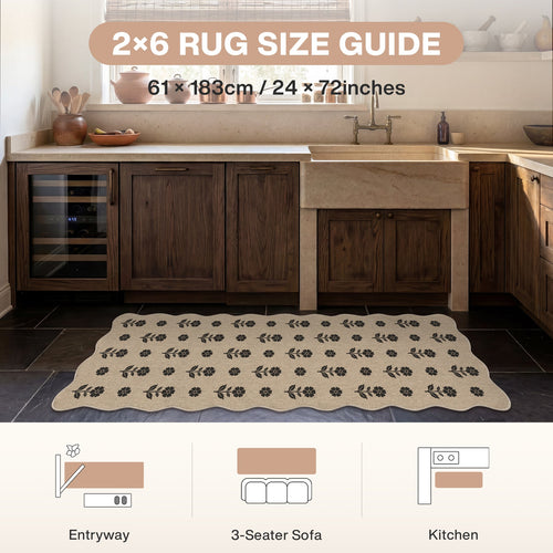 2x6/3x5 Floral Easy Jute Hallway Runner Rug, Scalloped Kitchen Runner Rug Non Skid Washable Indoor Carpet, Oeko-Tex Certified