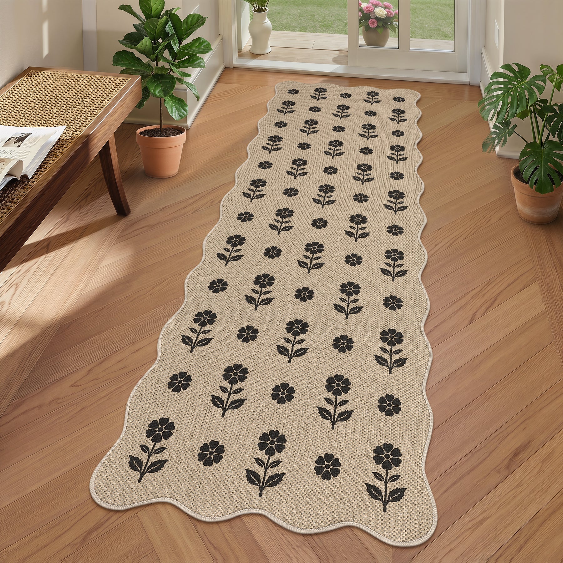 2x6/3x5 Floral Easy Jute Hallway Runner Rug, Scalloped Kitchen Runner Rug Non Skid Washable Indoor Carpet, Oeko-Tex Certified