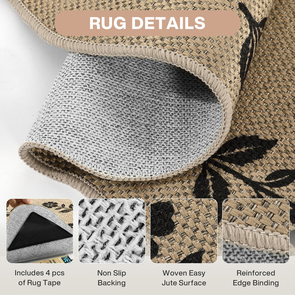2x6/3x5 Floral Easy Jute Hallway Runner Rug, Scalloped Kitchen Runner Rug Non Skid Washable Indoor Carpet, Oeko-Tex Certified