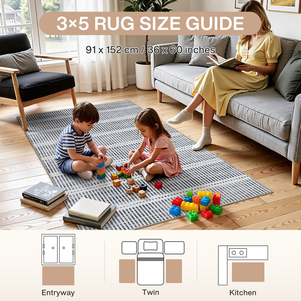 3x5/5x7 Ultra Thin Washable Area Rugs, Modern Non-Slip Striped Farmhouse Soft Indoor Carpet for Bedside Living Room, Oeko-Tex Certified