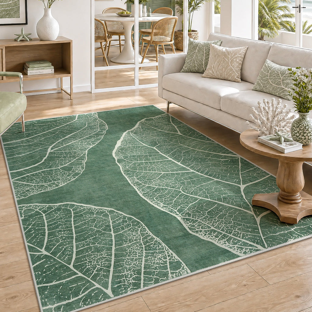 5x7 Boho Leaf Print Area Rugs, Modern Washable Non-Slip Low Pile Indoor Carpet for Living Room, Oeko-Tex Certified