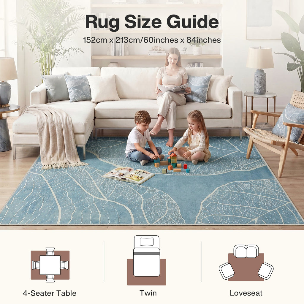 5x7 Boho Leaf Print Area Rugs, Modern Washable Non-Slip Low Pile Indoor Carpet for Living Room, Oeko-Tex Certified