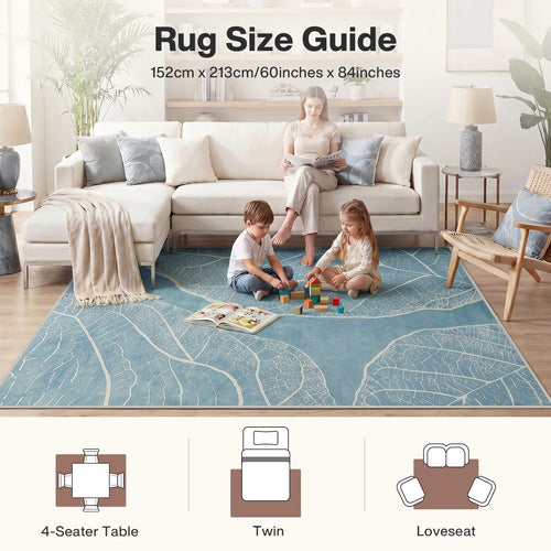 5x7 Boho Leaf Print Area Rugs, Modern Washable Non-Slip Low Pile Indoor Carpet for Living Room, Oeko-Tex Certified