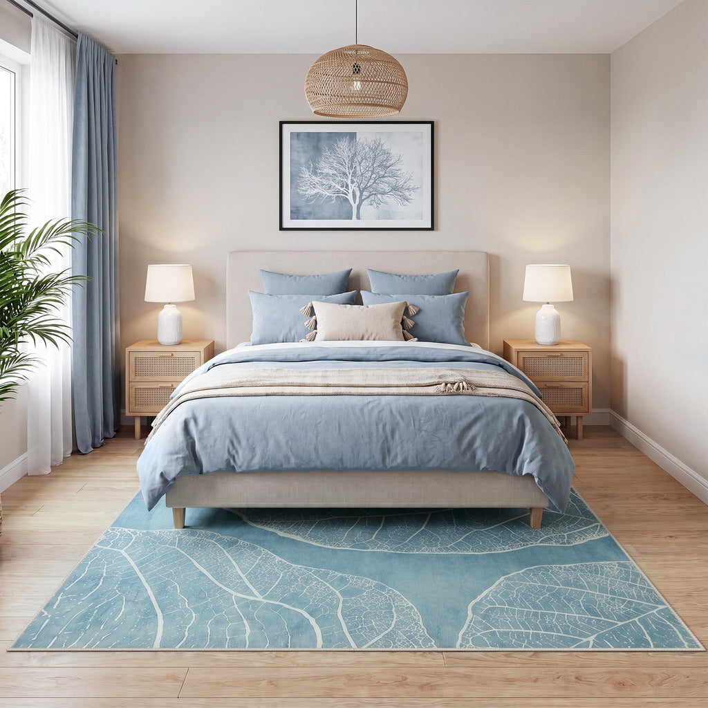 5x7 Boho Leaf Print Area Rugs, Modern Washable Non-Slip Low Pile Indoor Carpet for Living Room, Oeko-Tex Certified