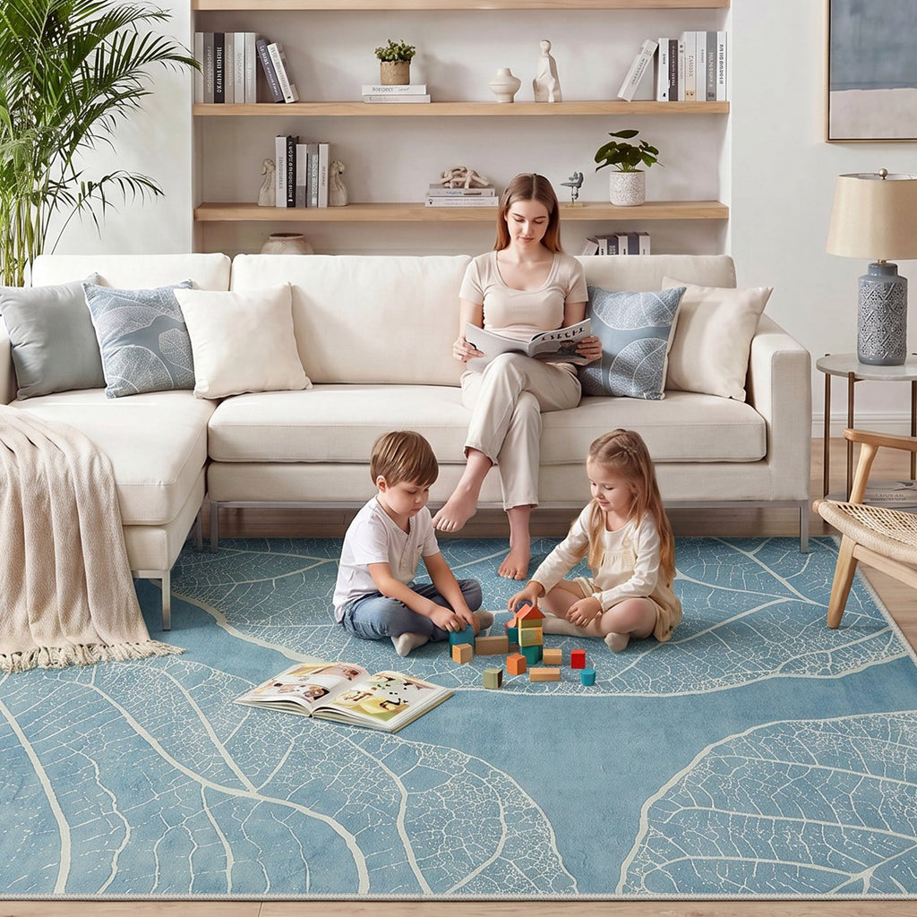 5x7 Boho Leaf Print Area Rugs, Modern Washable Non-Slip Low Pile Indoor Carpet for Living Room, Oeko-Tex Certified