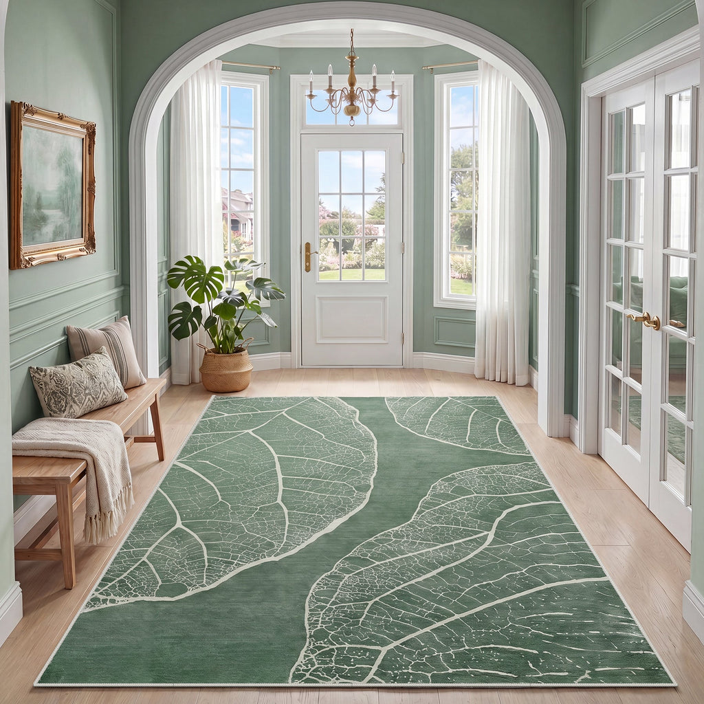5x7 Boho Leaf Print Area Rugs, Modern Washable Non-Slip Low Pile Indoor Carpet for Living Room, Oeko-Tex Certified