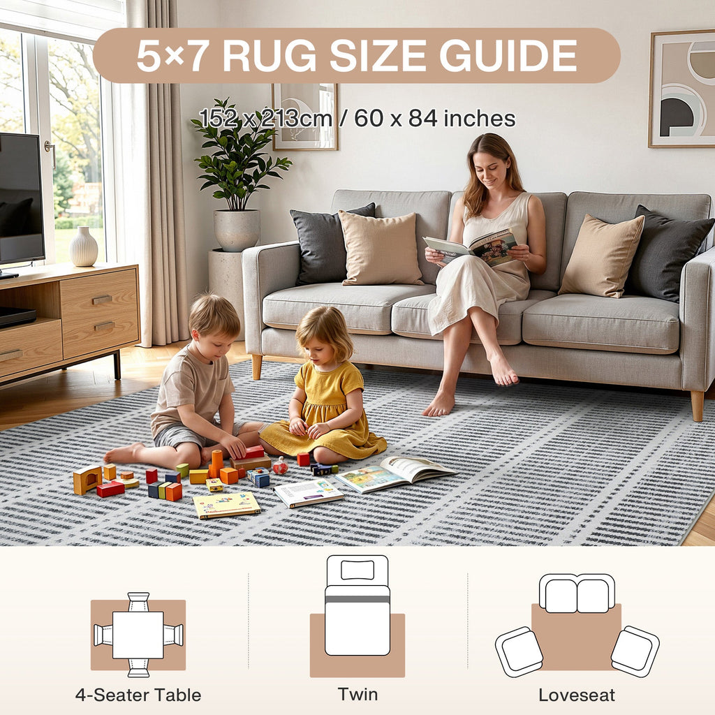 3x5/5x7 Ultra Thin Washable Area Rugs, Modern Non-Slip Striped Farmhouse Soft Indoor Carpet for Bedside Living Room, Oeko-Tex Certified