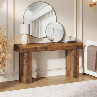 63" Rustic Sofa Table, Chunky Console Table for Entryway