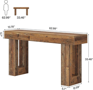 63" Rustic Sofa Table, Chunky Console Table for Entryway