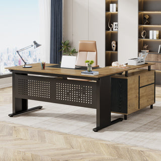 Industrial L-Shaped Desk, 63" Executive Desk with File Cabinet
