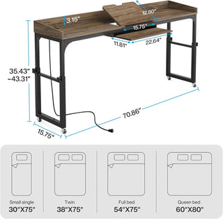 Height Adjustable Overbed Table with Wheels & Charging Station