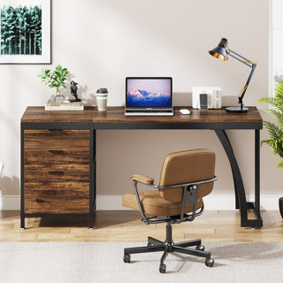 Industrial Computer Desk, 59" Study Desk with Reversible Drawer Cabinet