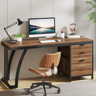 Industrial Computer Desk, 59" Study Desk with Reversible Drawer Cabinet