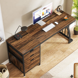 Industrial Computer Desk, 59" Study Desk with Reversible Drawer Cabinet