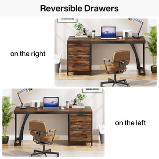 Industrial Computer Desk, 59" Study Desk with Reversible Drawer Cabinet