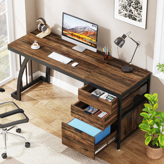 Industrial Computer Desk, 59" Study Desk with Reversible Drawer Cabinet