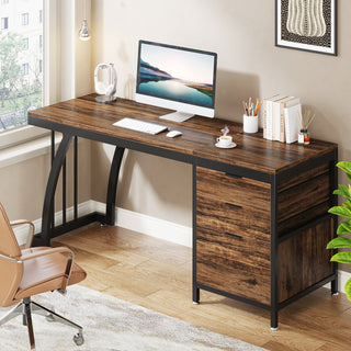 Industrial Computer Desk, 59" Study Desk with Reversible Drawer Cabinet