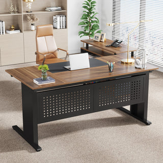 Industrial L-Shaped Desk, 63" Executive Desk with File Cabinet