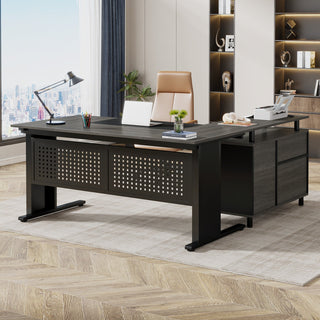 Industrial L-Shaped Desk, 63" Executive Desk with File Cabinet