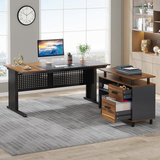 Industrial L-Shaped Desk, 63" Executive Desk with File Cabinet