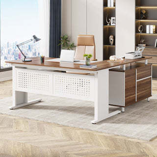 Industrial L-Shaped Desk, 63" Executive Desk with File Cabinet