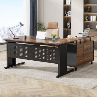 Industrial L-Shaped Desk, 63" Executive Desk with File Cabinet