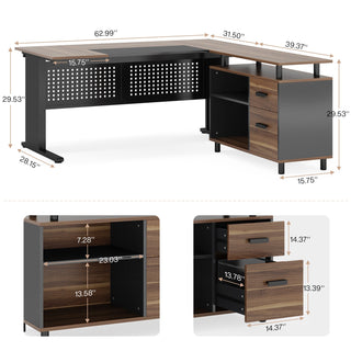 Industrial L-Shaped Desk, 63" Executive Desk with File Cabinet