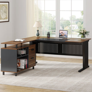 Industrial L-Shaped Desk, 63" Executive Desk with File Cabinet