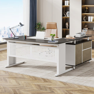 Industrial L-Shaped Desk, 63" Executive Desk with File Cabinet