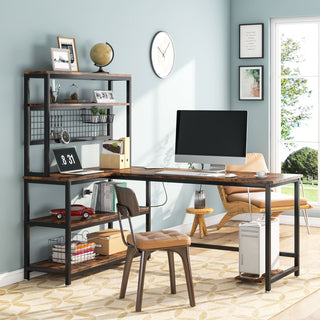 55" Reversible L-Shaped Desk, Computer Desk with Wireless Charging & Hutch