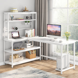 55" Reversible L-Shaped Desk, Computer Desk with Wireless Charging & Hutch