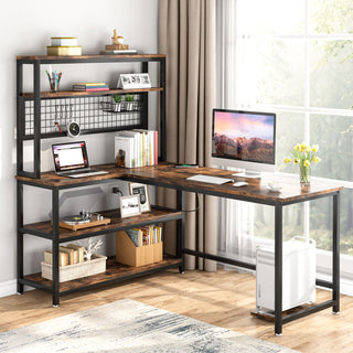 55" Reversible L-Shaped Desk, Computer Desk with Wireless Charging & Hutch