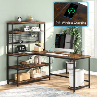 55" Reversible L-Shaped Desk, Computer Desk with Wireless Charging & Hutch