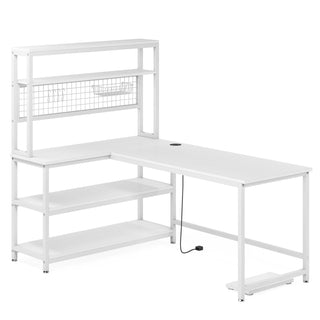 55" Reversible L-Shaped Desk, Computer Desk with Wireless Charging & Hutch