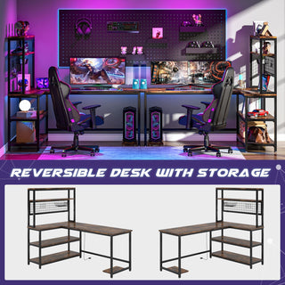 55" Reversible L-Shaped Desk, Computer Desk with Wireless Charging & Hutch